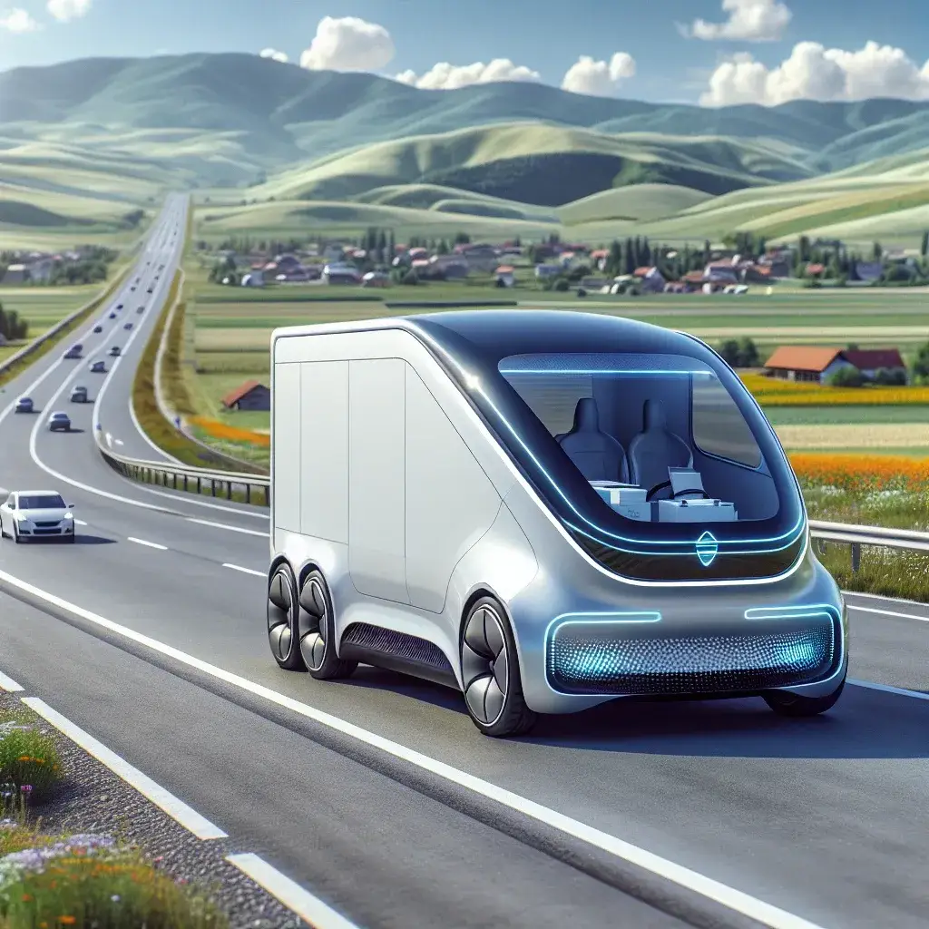 "Autonomous delivery vehicle approved for highway travel navigating a busy road with futuristic cityscape, symbolizing advancements in transportation technology and regulatory changes."